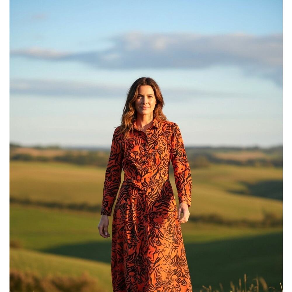 Japna Midi Shirt Dress Womens M Orange Black Animal Tiger Belted Big Cat Safari